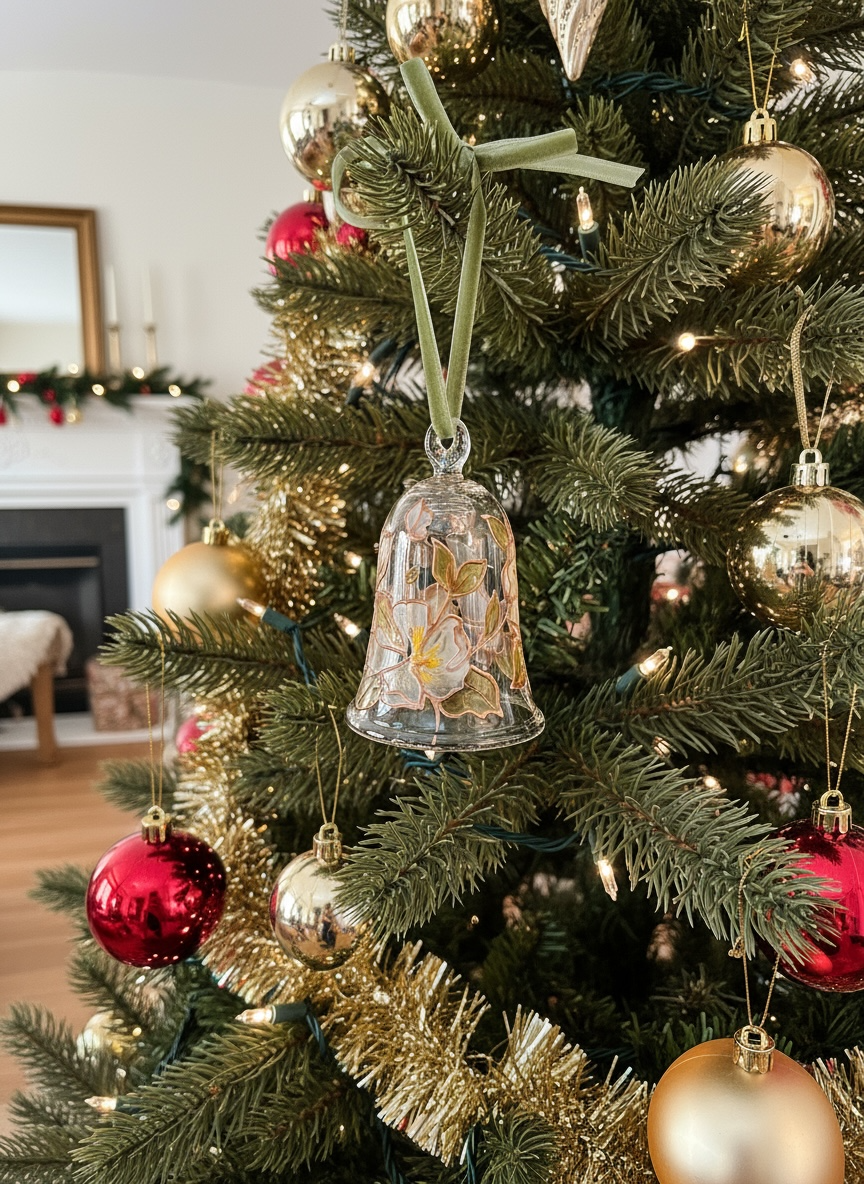 Hand Painted Magnolia Flower Glass Bell Ornament