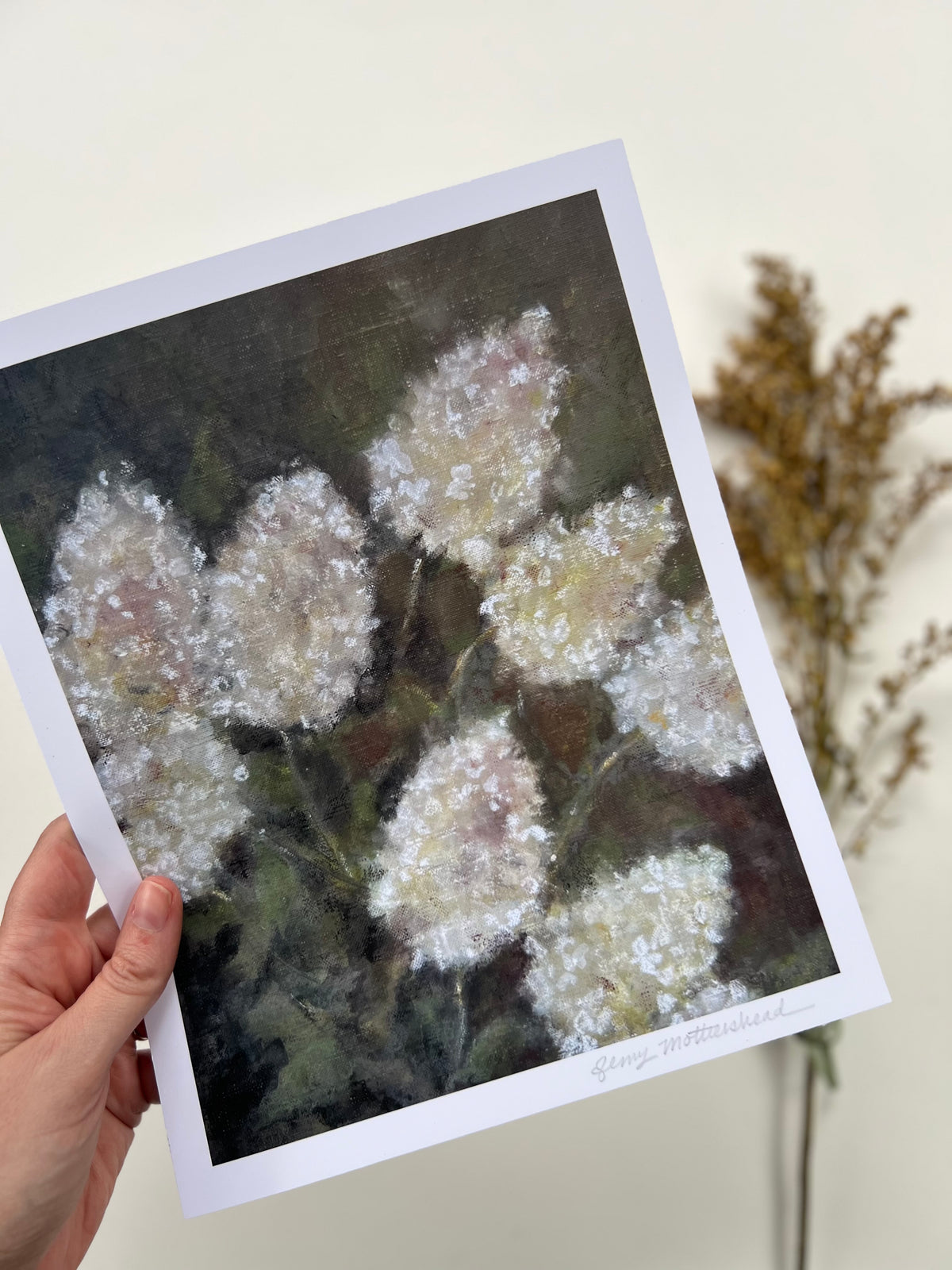 Hand holding a print of white flowers against a plain background