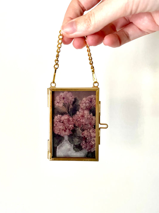 Mini Hanging Art Print | Brass Float Frame | 2×3 Hydrangea Floral Print Ornament