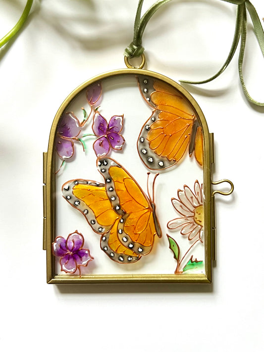 Butterfly and Flowers Glass Painting