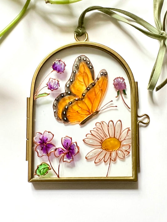 Butterfly and Flowers Glass Painting