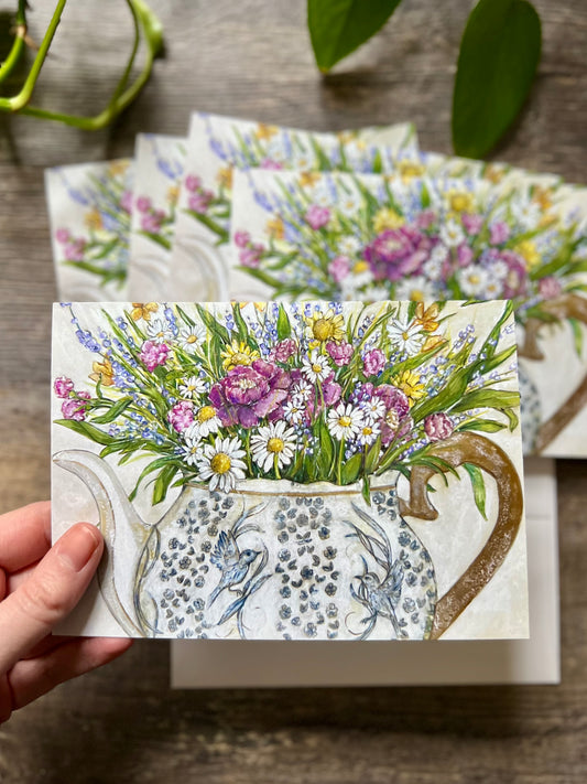 Florals in Teapot Greeting Card Set of 5