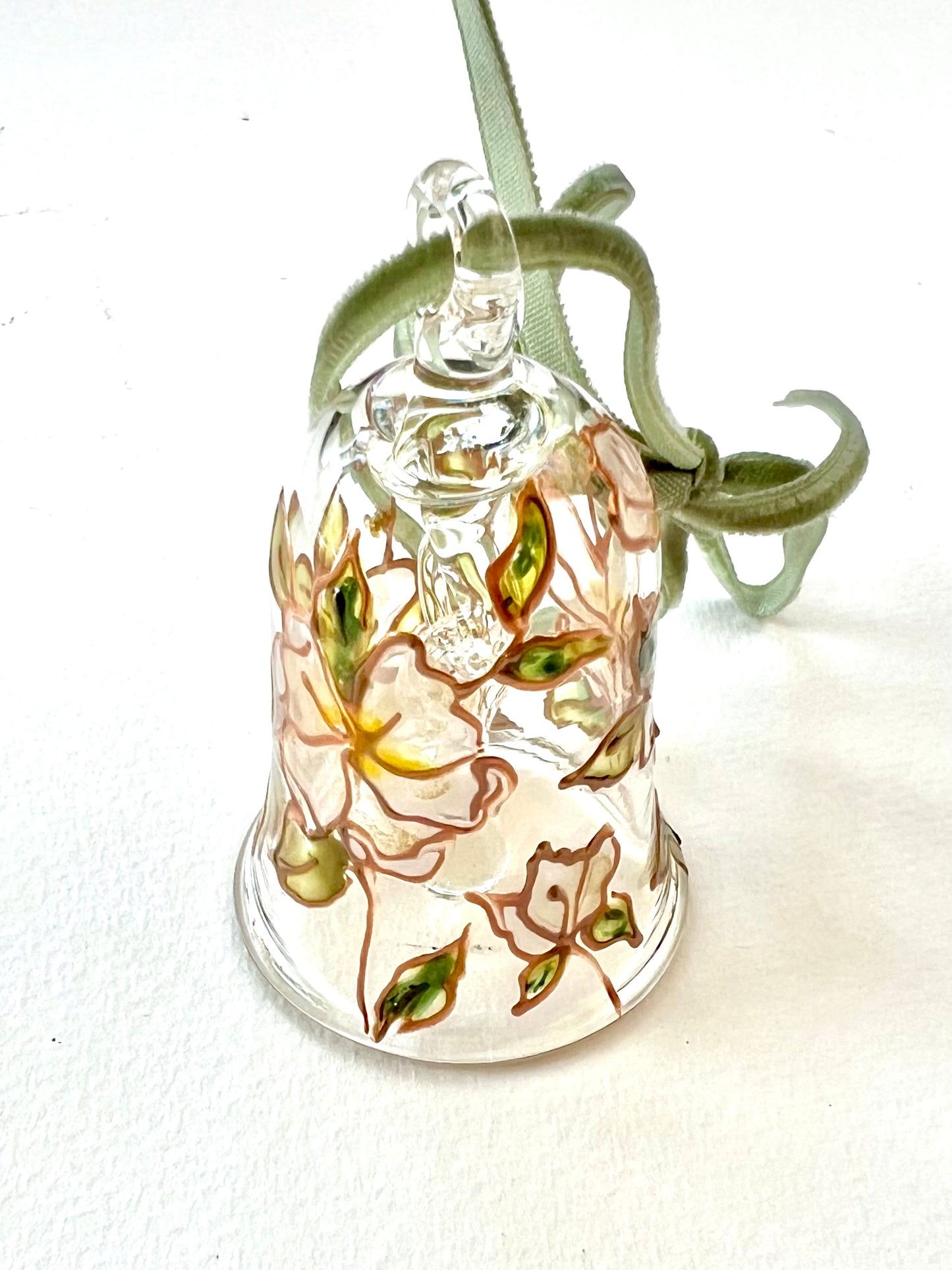 Hand Painted Magnolia Flower Glass Bell Ornament