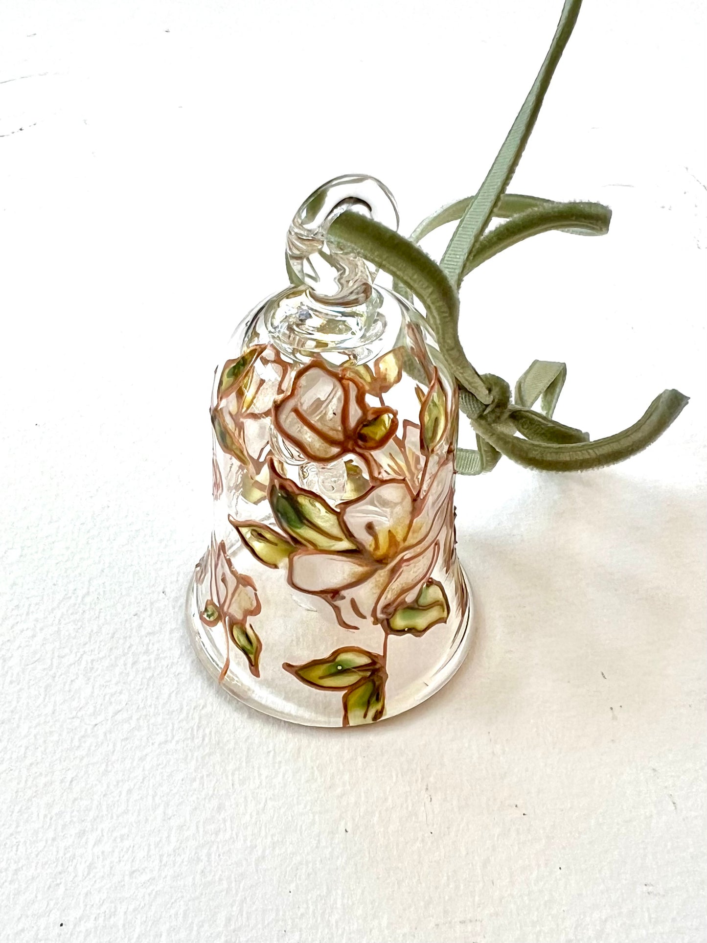 Hand Painted Magnolia Flower Glass Bell Ornament