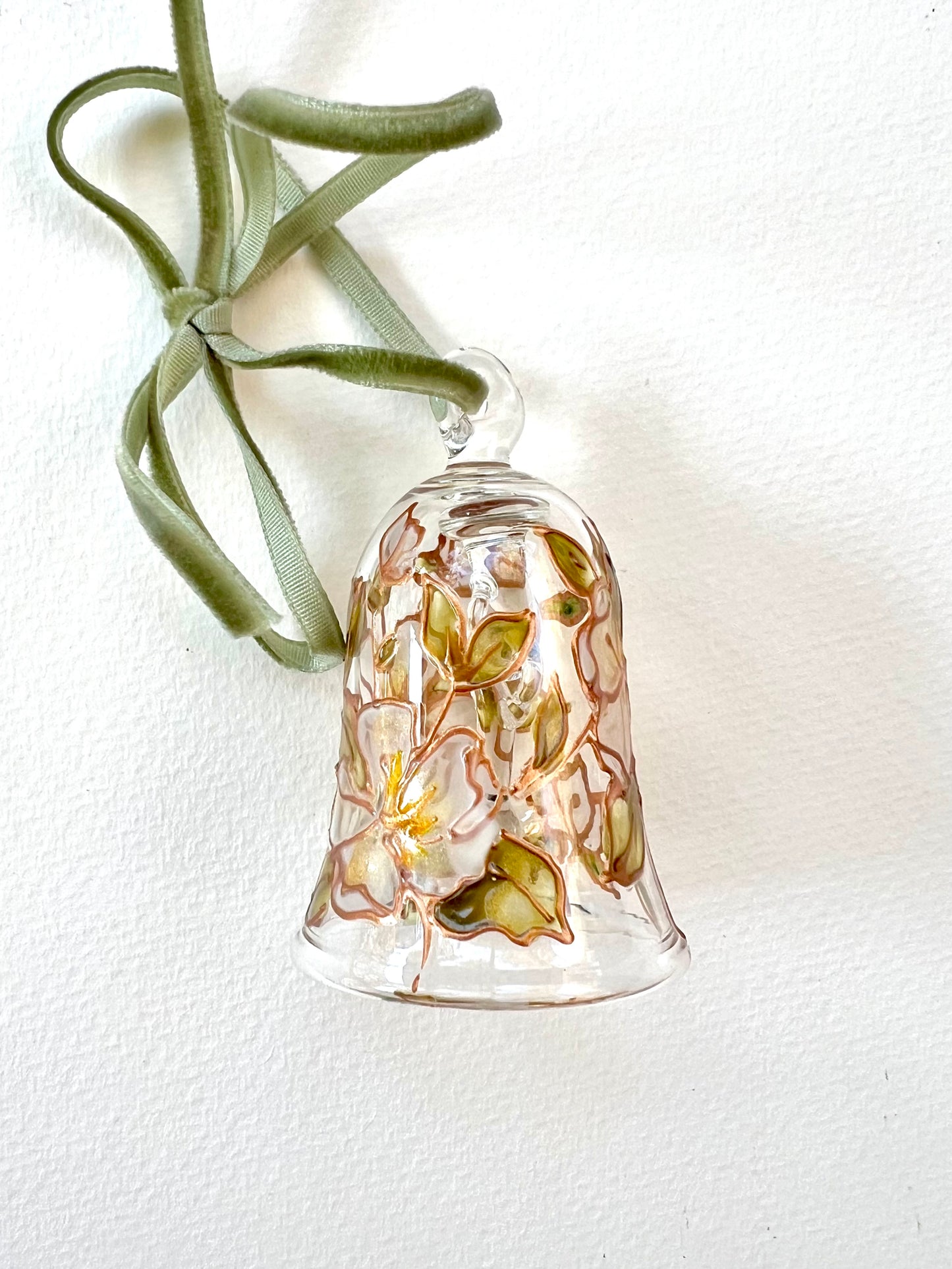 Hand Painted Magnolia Flower Glass Bell Ornament