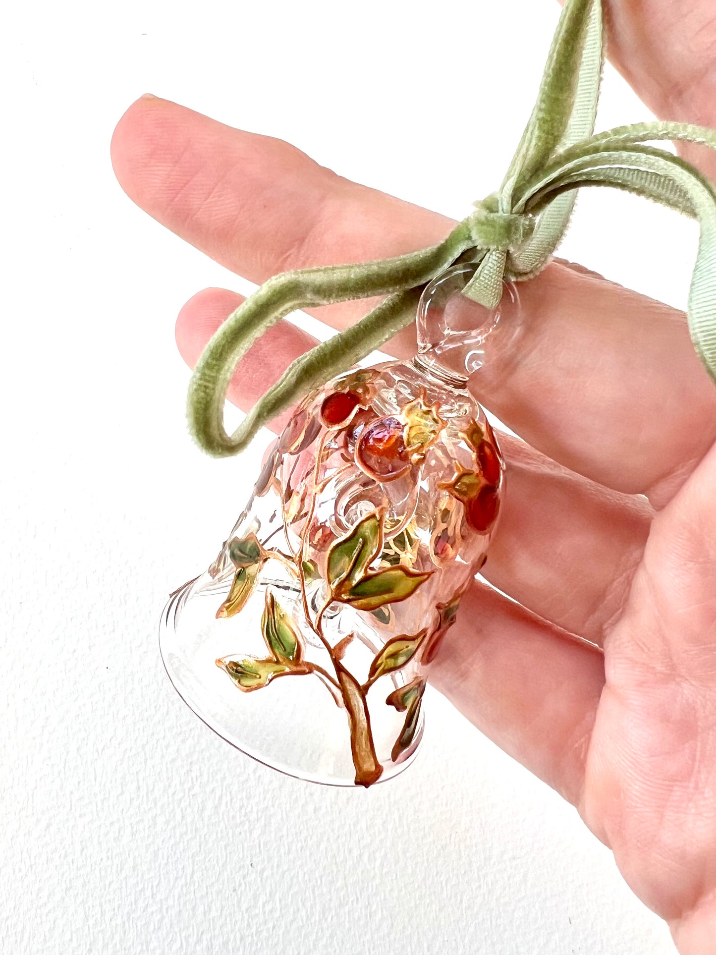 Hand Painted Holiday Berry Glass Bell Ornament